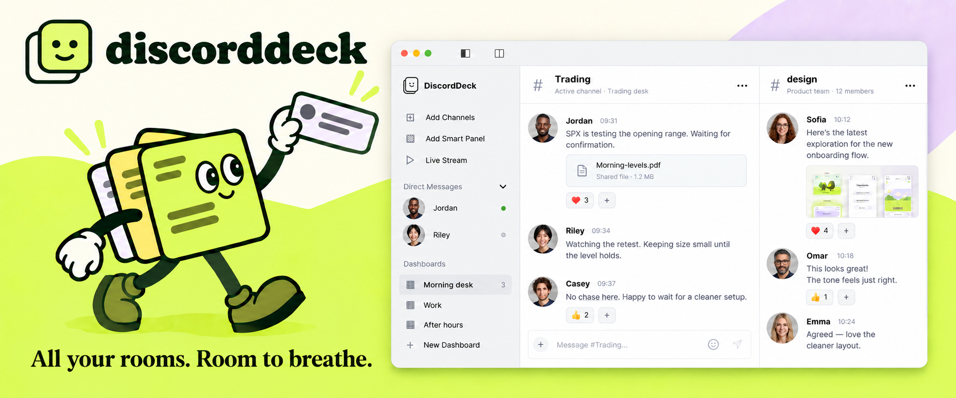 DiscordDeck. All your rooms. Room to breathe. A mascot made of stacked cards walks beside the app, which shows two channels side by side.